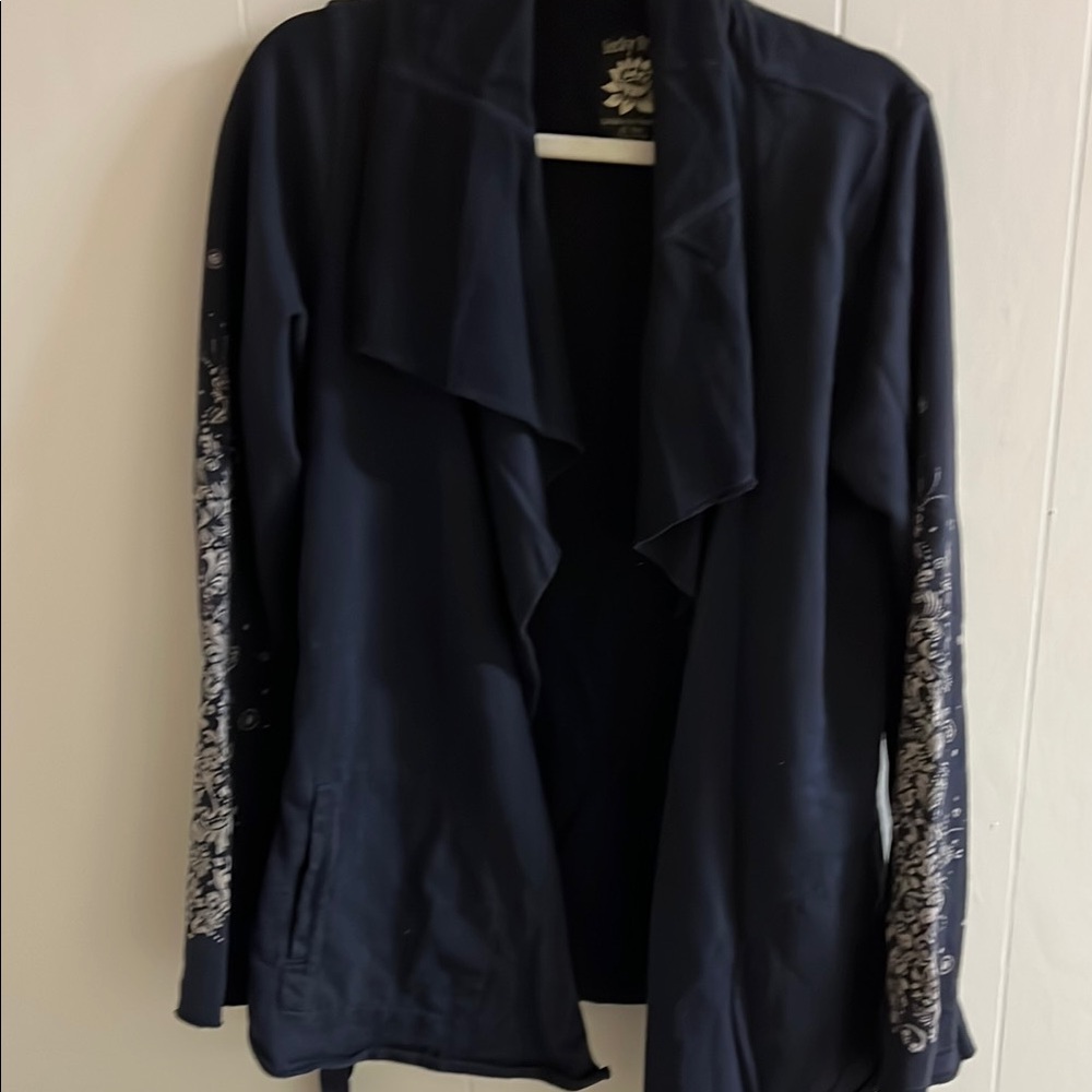 Lucky Brand Navy Blue Women's Jacket with Floral Sleeves Size M